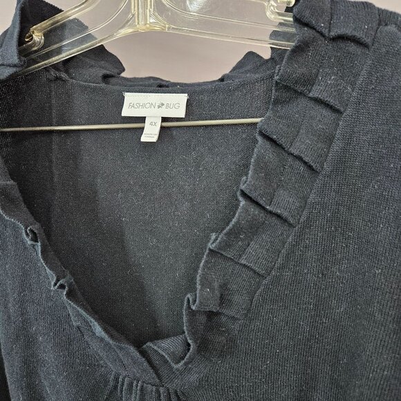 Women Sweater Top Shirt Plus 4X Black Ruffle Pull Over Thin V Neck Long Sleeve - Picture 3 of 8